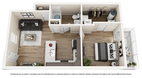 A top down view of a modern apartment with a kitchen, living room, and bedroom.